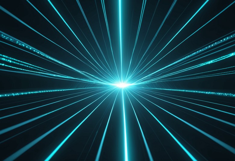 Editorial graphic: a Fibre Channel fabric with two switches, several paths and glowing fibre runs
