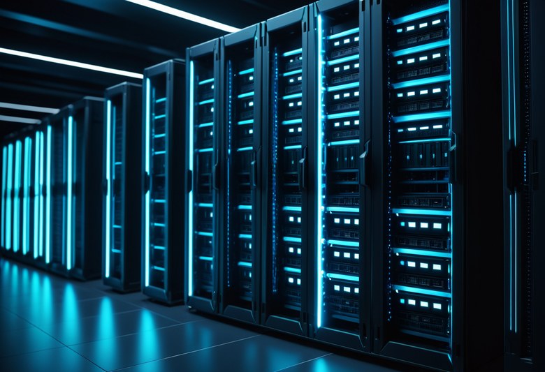 Dunkles Server-Rack mit leuchtenden Laufwerksschächten und tealfarbenen Datenströmen — Metapher für einen selbstgebauten S3-Object-Store mit Erasure Coding