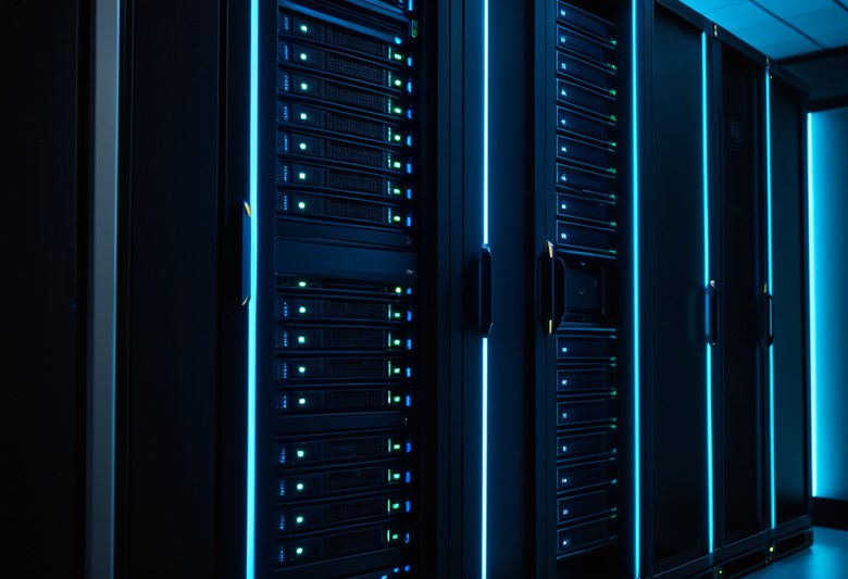 Server rack with glowing hard drive bays in a data center